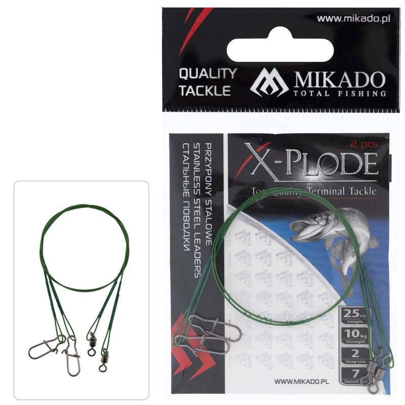 Mikado Stahl-Leader - Mit Wirbel Und Safety Snap 25cm/10Kg - Grün 2Stck